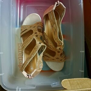 BareTraps Gold Sandals with Ankle Strap and Modest Heel